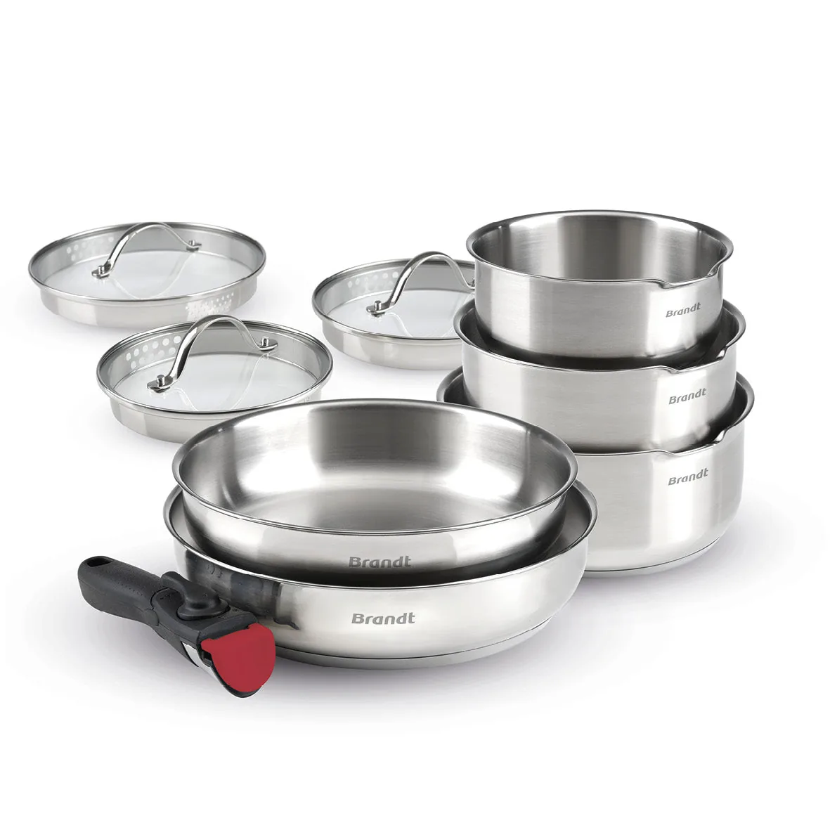 Batterie de cuisine Brandt inox 9 pièces : 3 casseroles, 2 poêles, 3 couvercles en verre et une poignée amovible